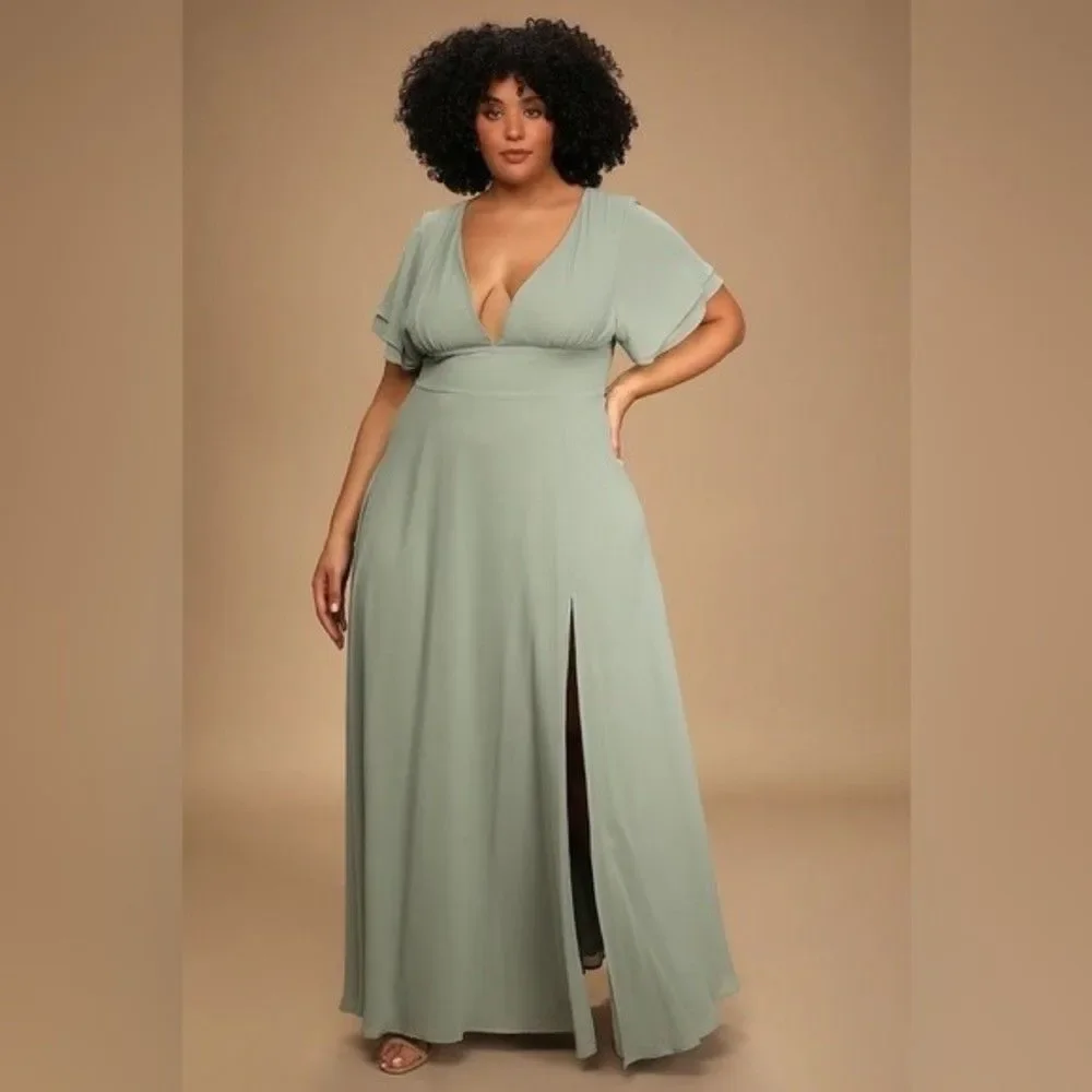 SOLD NWT Lulus Promise Of Love Sage Brush Flutter Sleeve Maxi Dress Size 2X - Picture 13 of 16